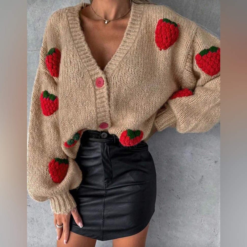 Strawberry Patterned Beige Sweater - image 1